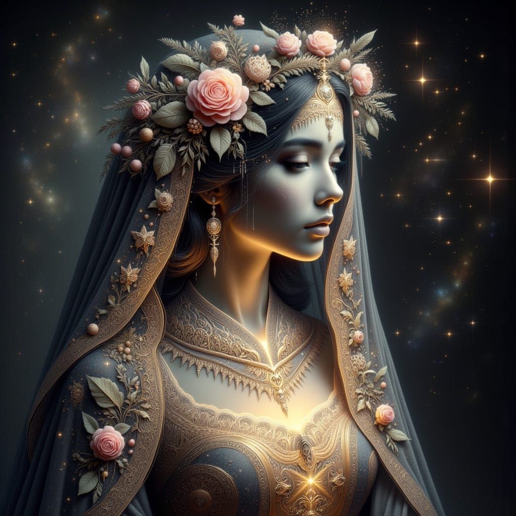 <lora:mystery:1.0> translucent Leonore portrait through which the starry sky shines through