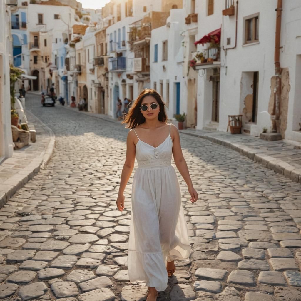 An Asian woman wearing sunglasses and a white sundress shopping in Santorini Greece