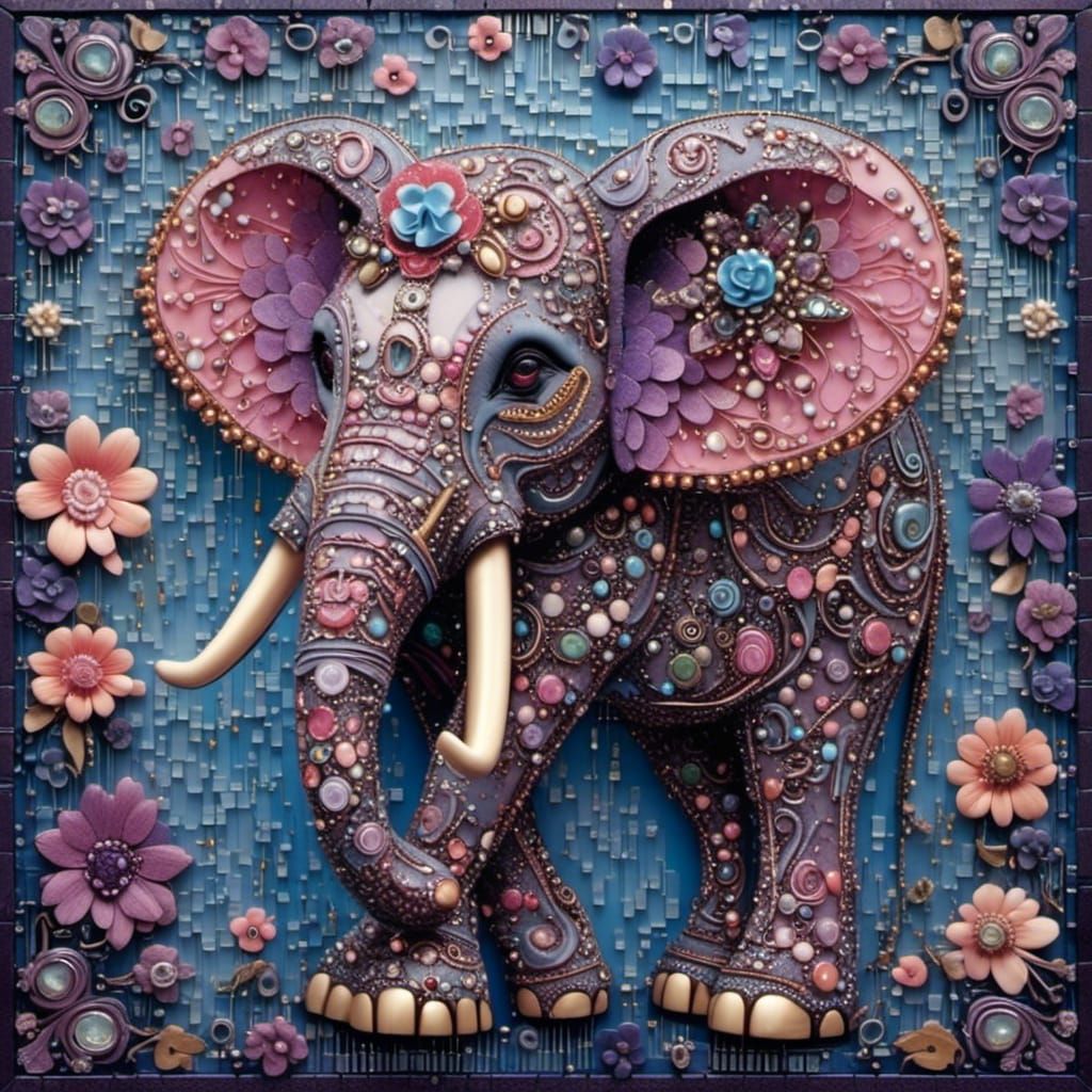 <lora:Circuitous:1.0> An artistic rendition of a baby elephant adorned with stylized, elaborate floral patterns and decorations. The elephan...