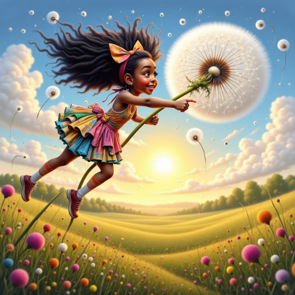 A whimsical Pixar-style cartoon of a joyful young African-American girl with exaggerated features and a quirky expression. She is wearing a ...