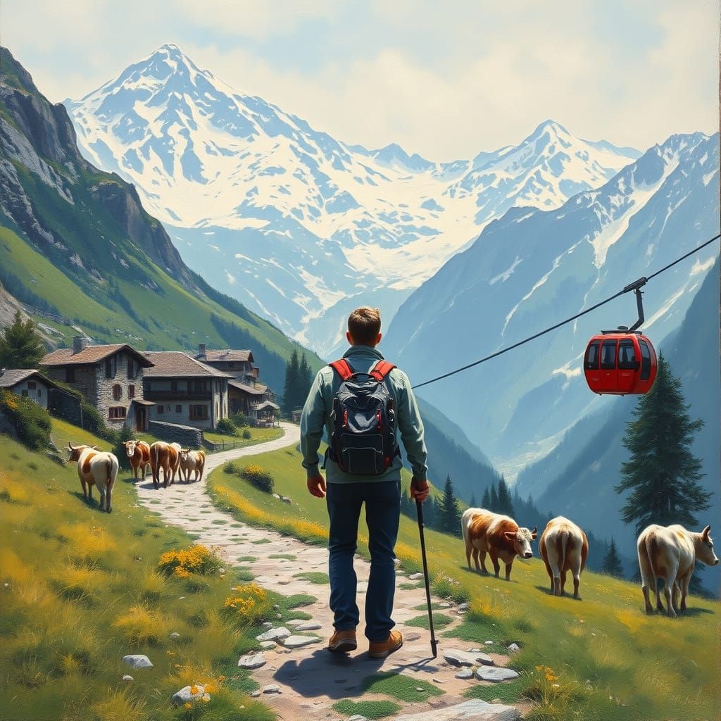 "A solitary hiker stands on a winding mountain path in a picturesque Alpine village, gazing at vast, ...  by @Jean Claude
