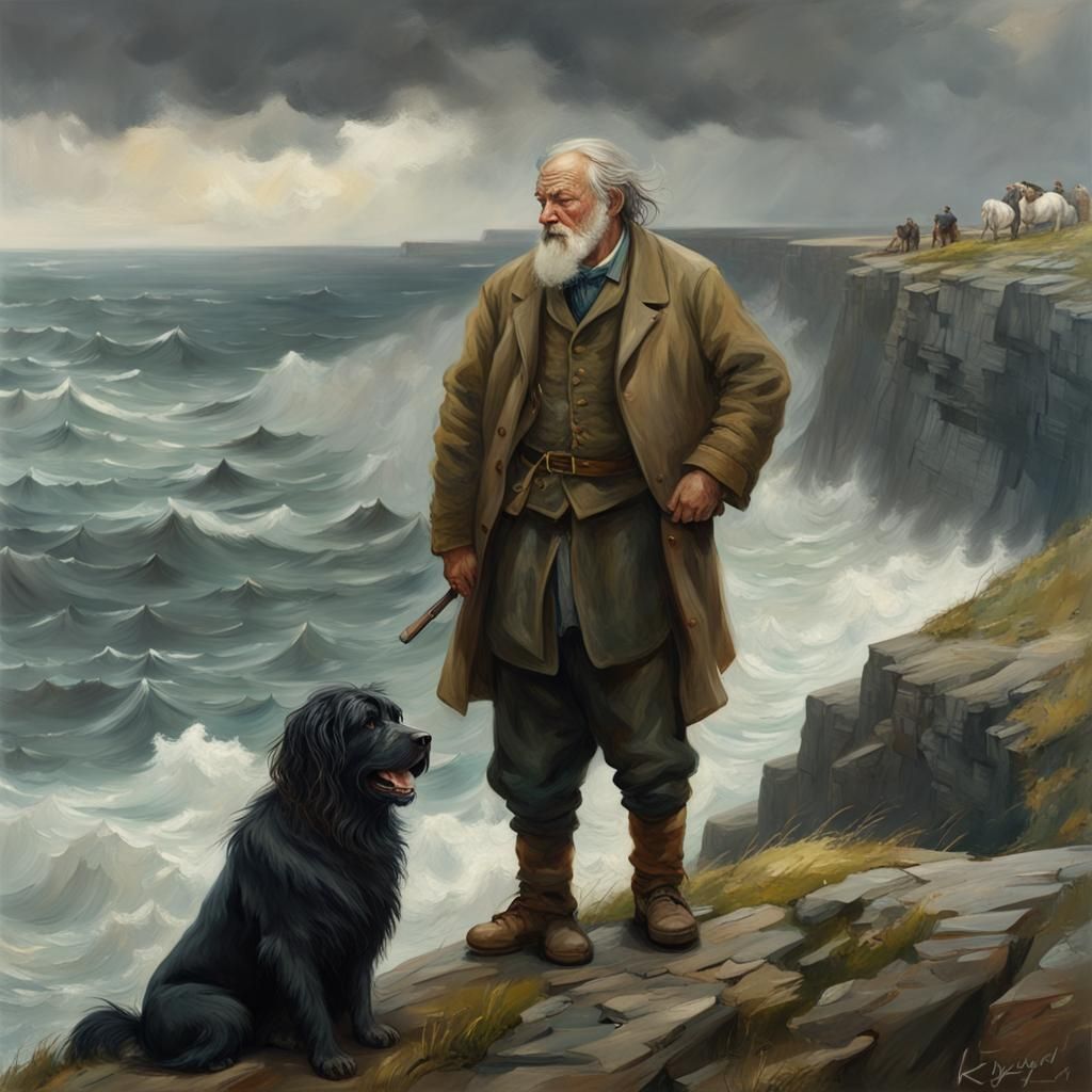 A old fisher and a newfoundland standing on the cliffs of ud...