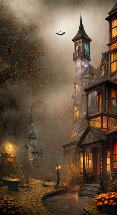 Intricate Victorian Halloween Village Matte Painting