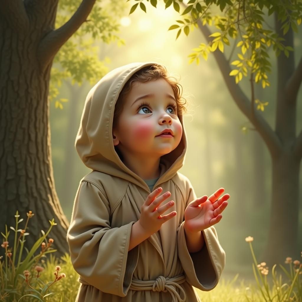 A young child, their features innocently childlike, stands cloaked in contemplative brown robes. Hands upraised, their expression seems lost... a monk faith