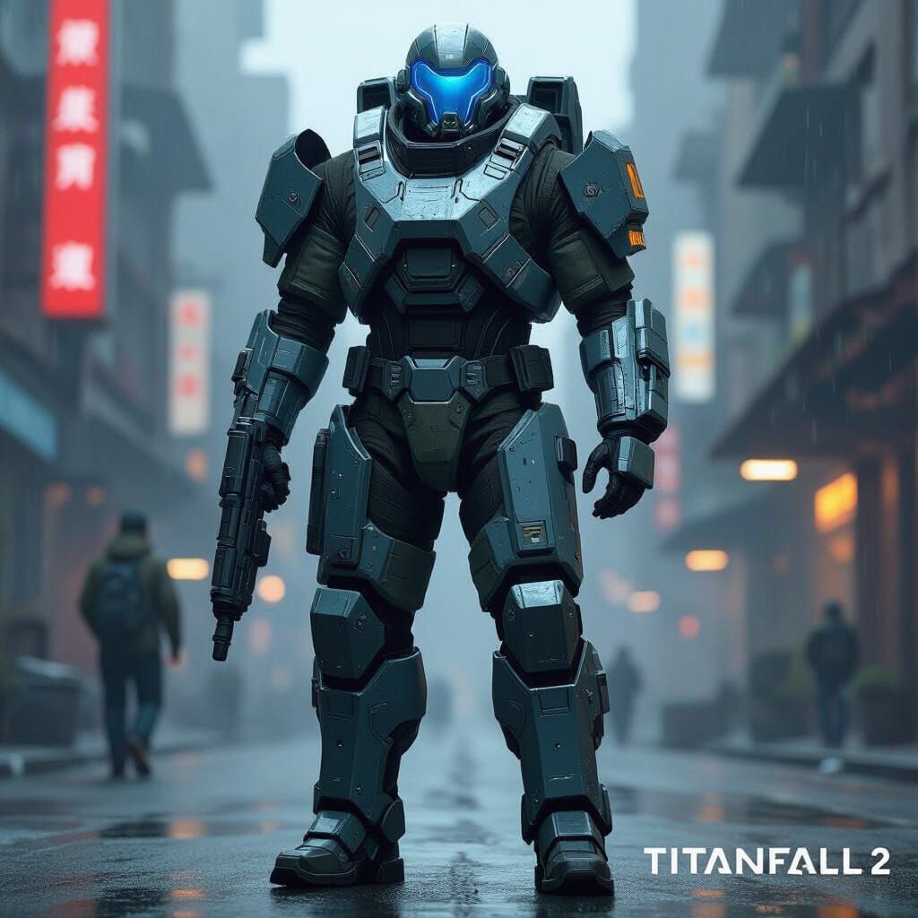 blue and black Titanfall 2 style titan that looks like Ion, with a pilot standing in front, looking at the camera