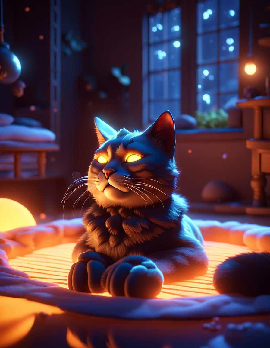 Cat, lounging on a soft fluorescent bed with a stove, eyes c...