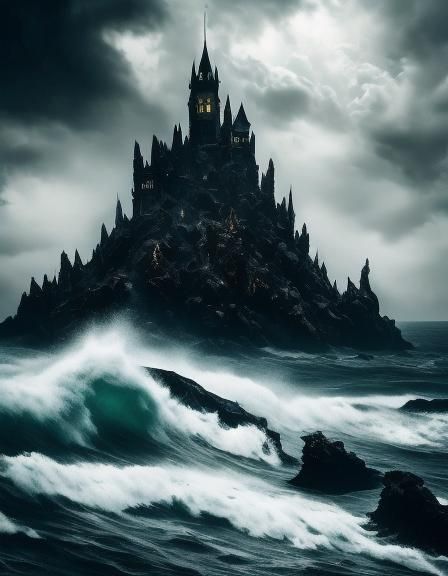 <lora:Black nightmare:1.0> Demon with wings, on a rock in a stormy dark blue sea, dark epic clouds, skull face, splashy colors, black shapes...