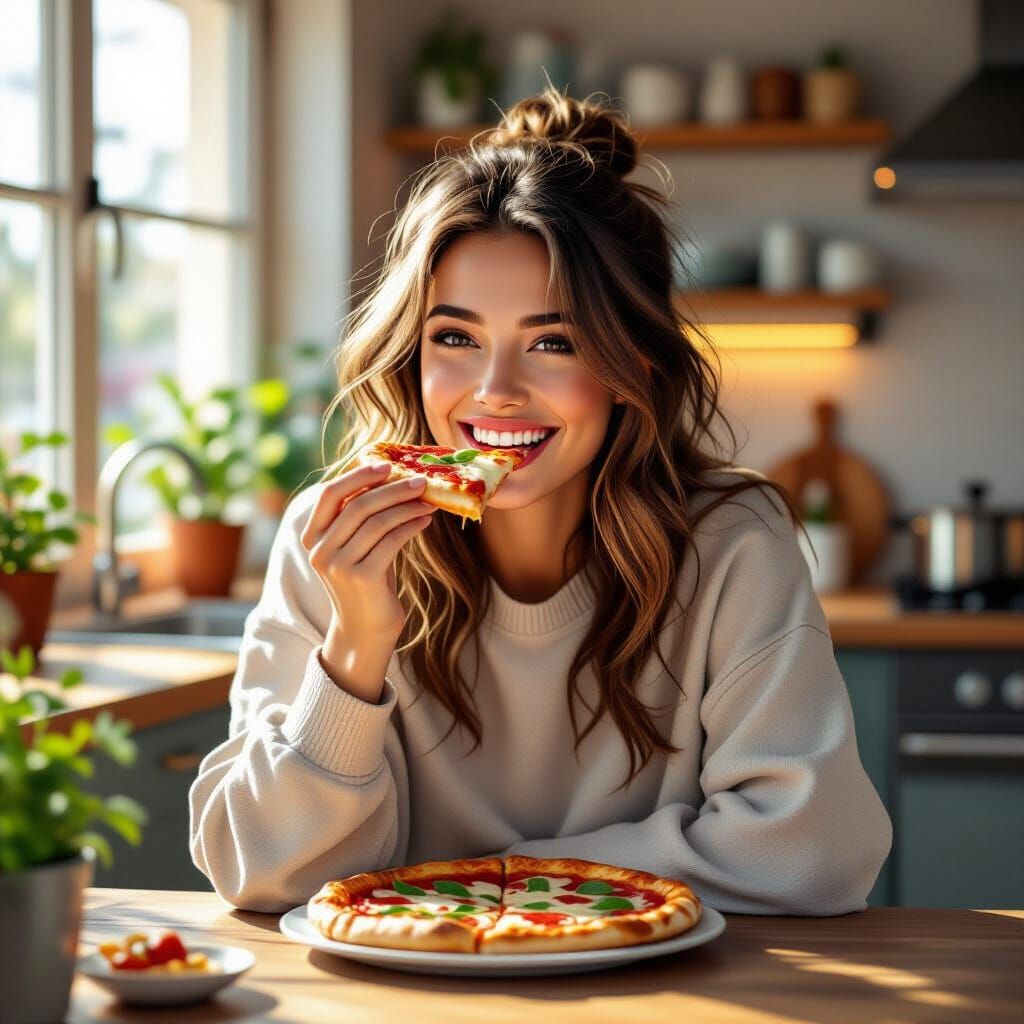 Woman Eating Pizza in Cozy Kitchen, Digital Illustration