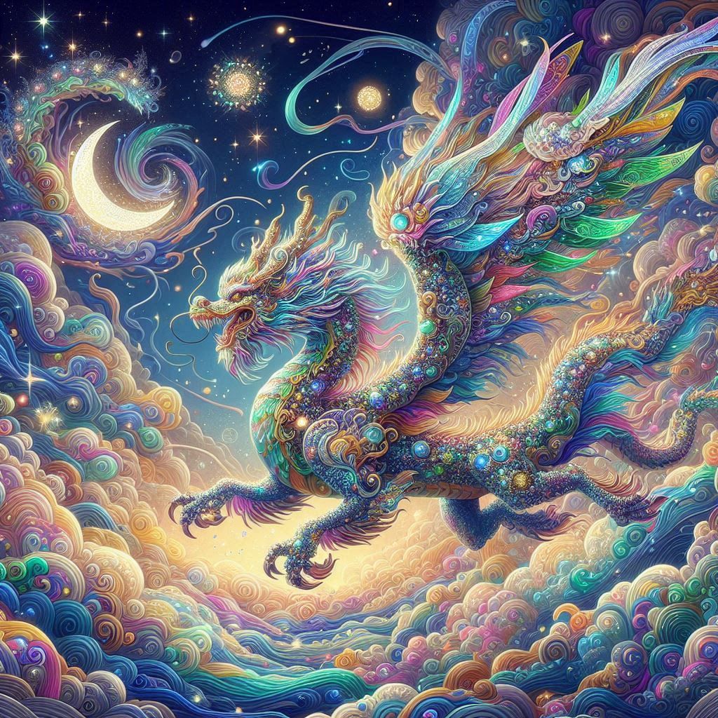 A majestic celestial opalescent gemstone dragon adorned with intricate, colorful details. The scene is richly detailed and bursting with pla...