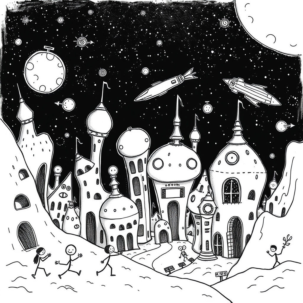 A black and white alien world made from simple pencil doodles, A doodle-filled alien city with strange ...  by @BillyD
