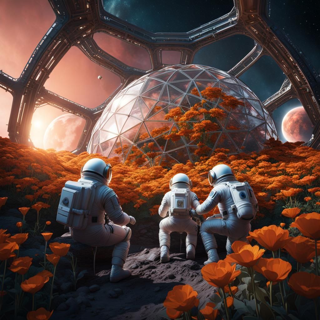 Three men in spacesuits tending to the flowers in a geodesic...