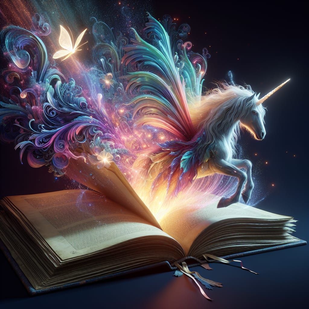 a unicorn emerging out of a magical book  by @Ylona