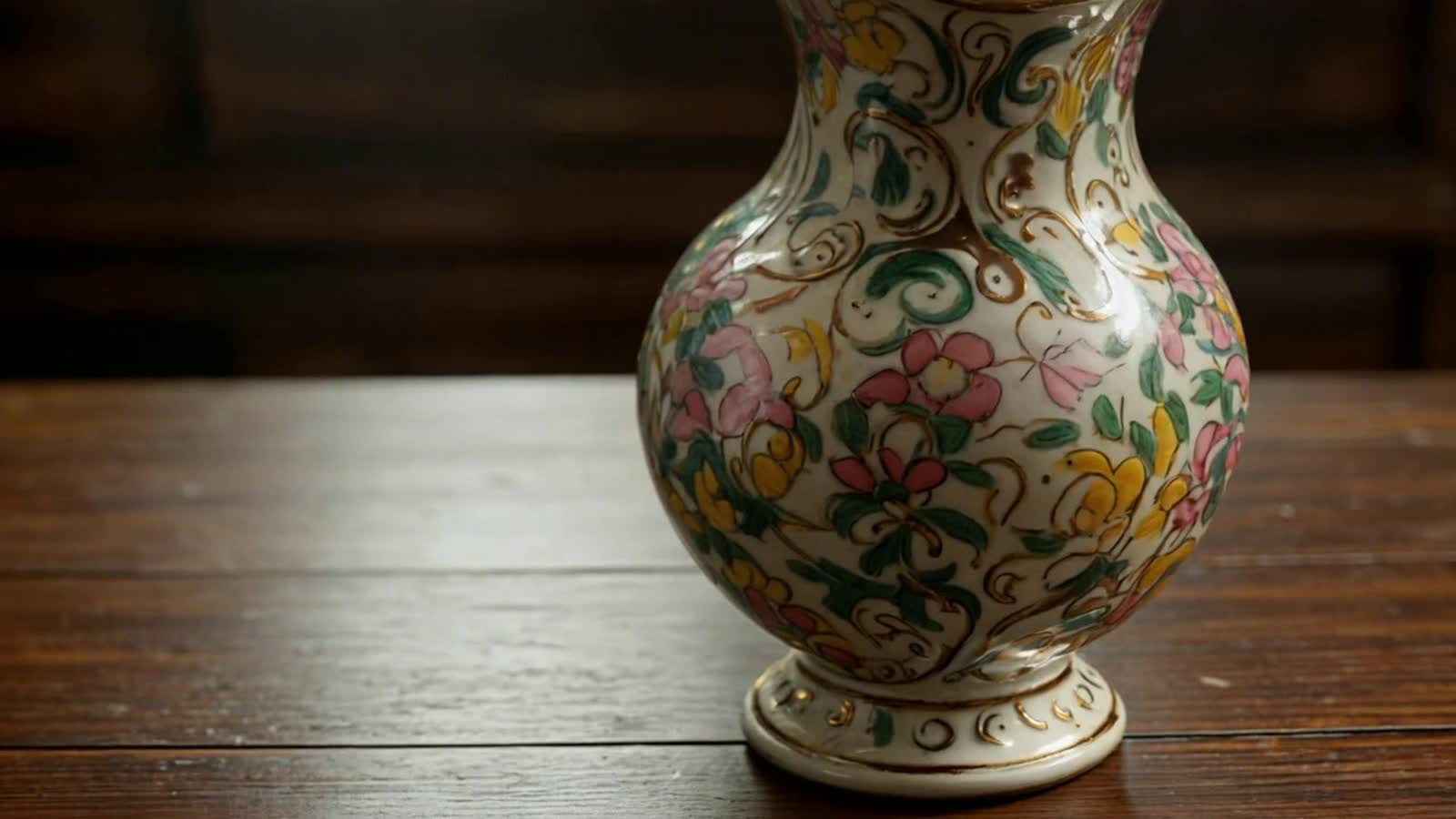 an ornate art nouveau vase of colourful flowers, a bee flys into the screen circles alights for a short time a flower th...