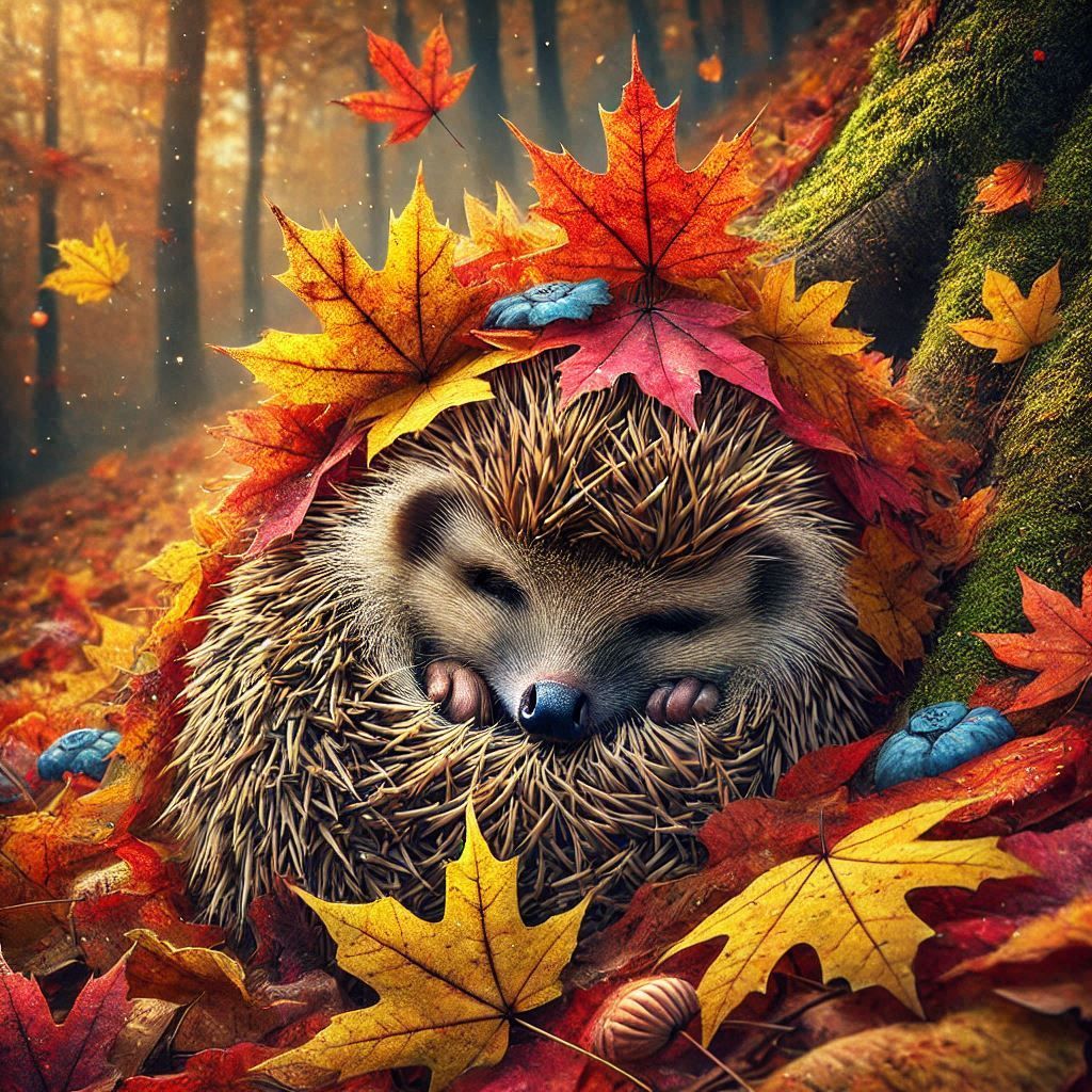 A hedgehog hibernating under a pile of colorful autumn leaves