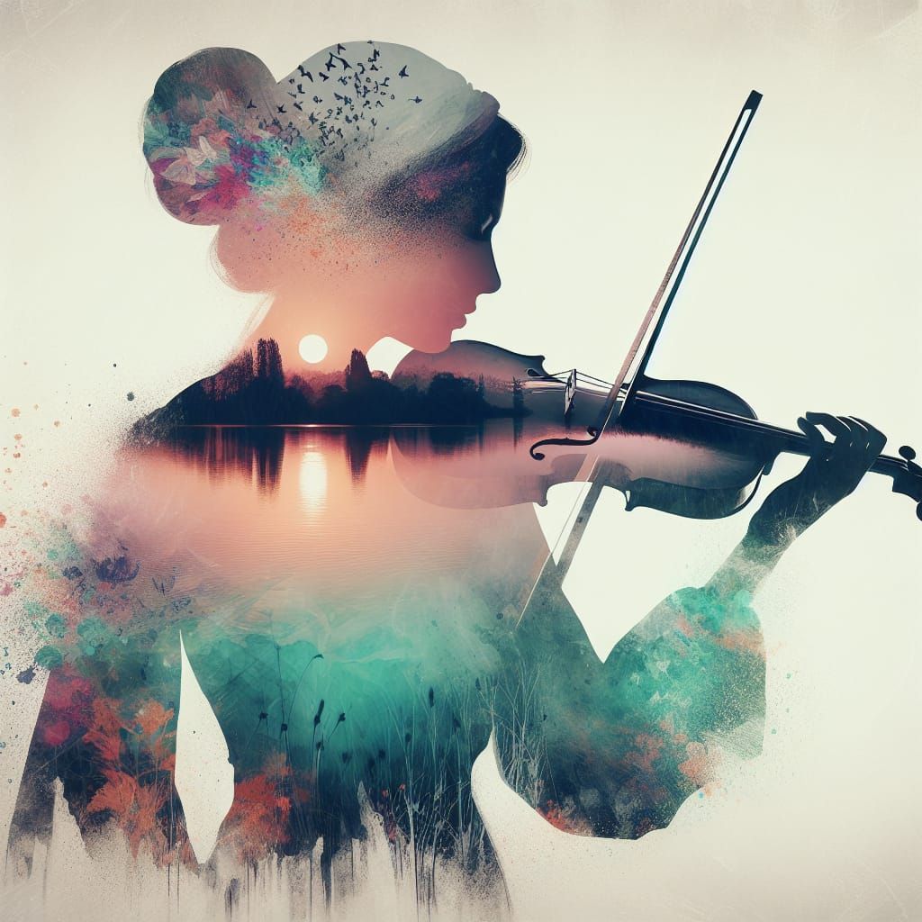 a double exposure art of a silhouette of a woman playing the violin. around the silhouette is completely ...  by @April