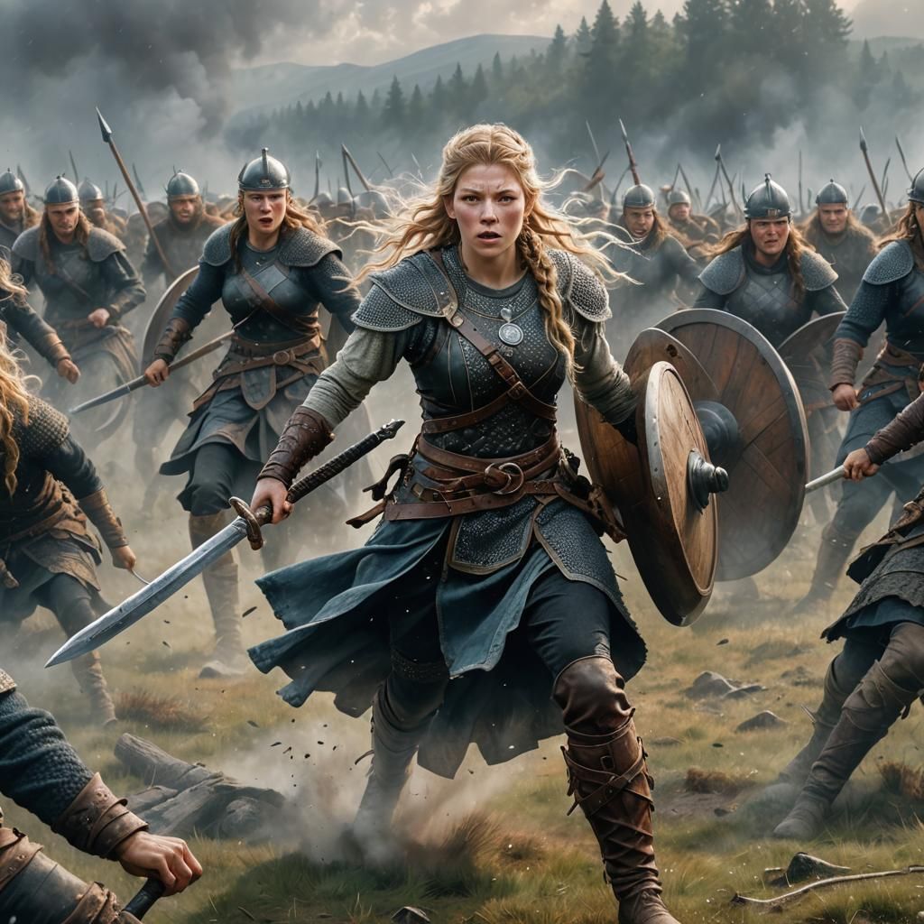 The Viking shieldmaiden Lagertha fighting on the battlefield...