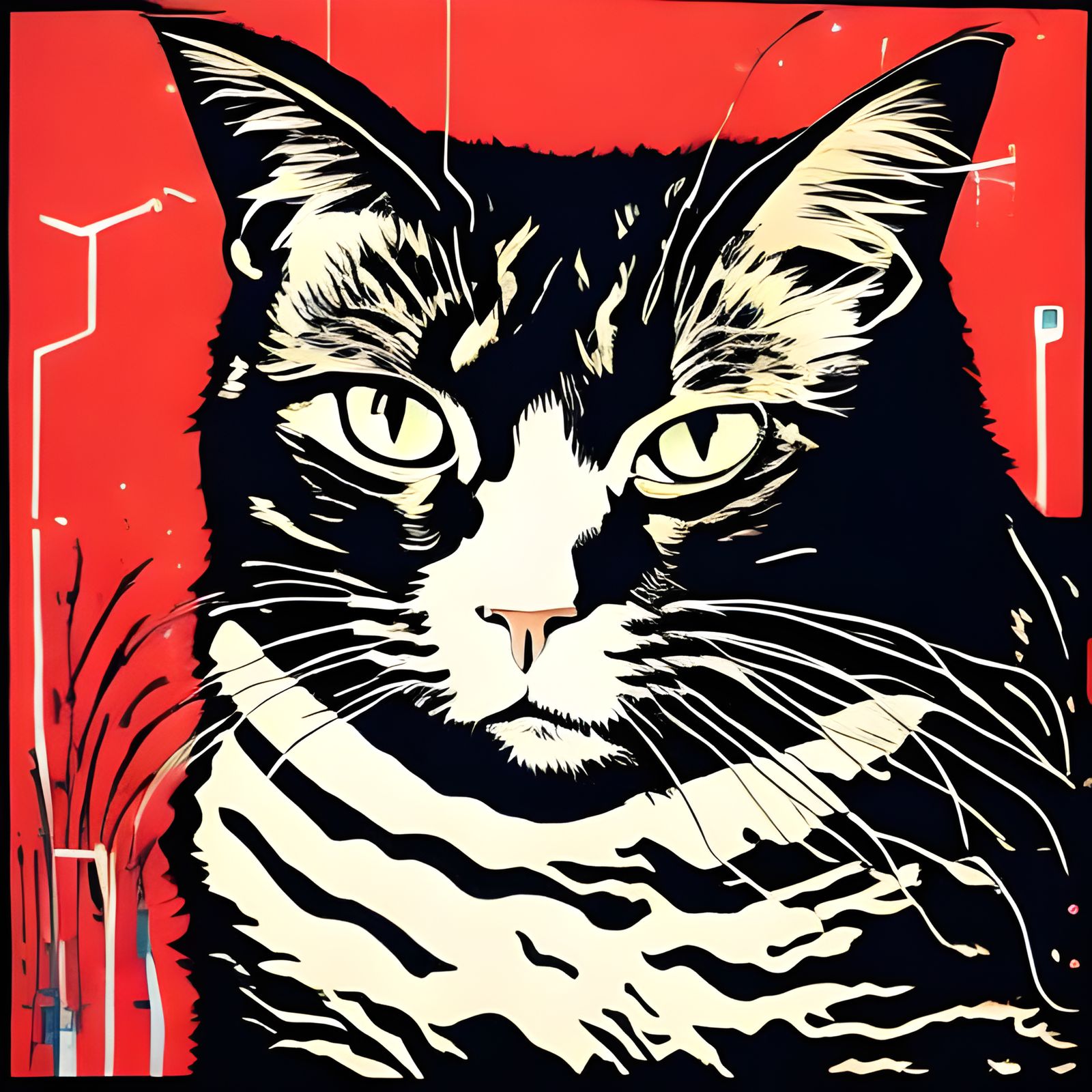  <lora:SolidDivide DS8:1.0> cat, high contrast 2d screen screen print, negative space 