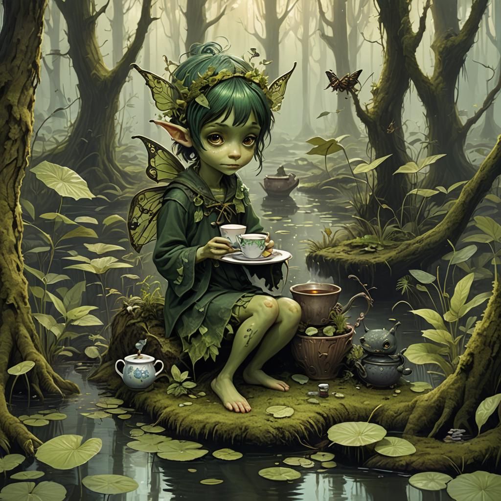 tiny forest pixie is having tea with the swamp spirit  by @Missysmom