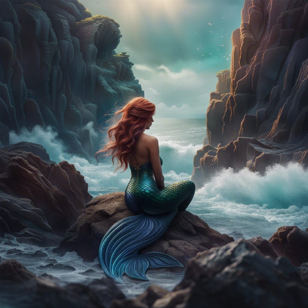 🧜🏻‍♀️ a mermaid sitting on rocks as waves crash against the rocks while looking out at the sea 🌊   by @Amy Isaacs