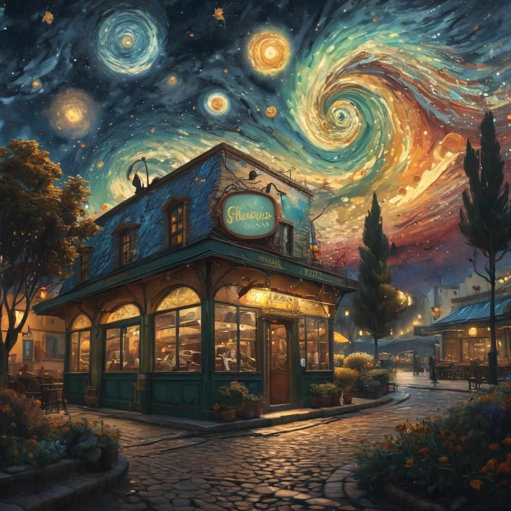 "A hyper-detailed, 8K resolution artwork featuring a realistic café labeled 'Nocturnal Café' set in a fantastical world inspired by Van Gogh...