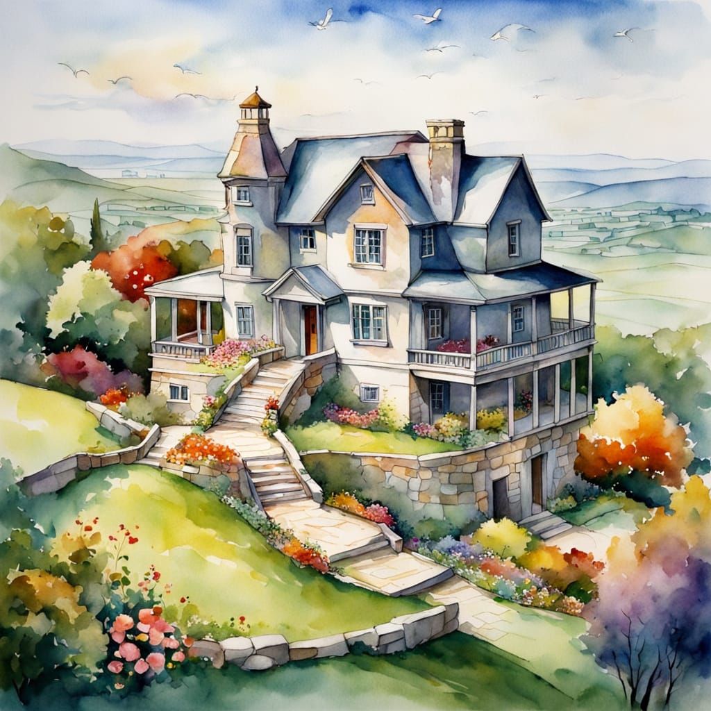 Watercolor House on a Hill With Breathtaking View