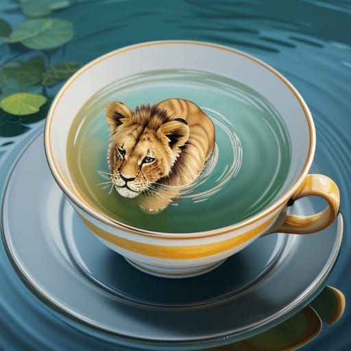 Lion Cub in Teacup Floating on Giant Lake
