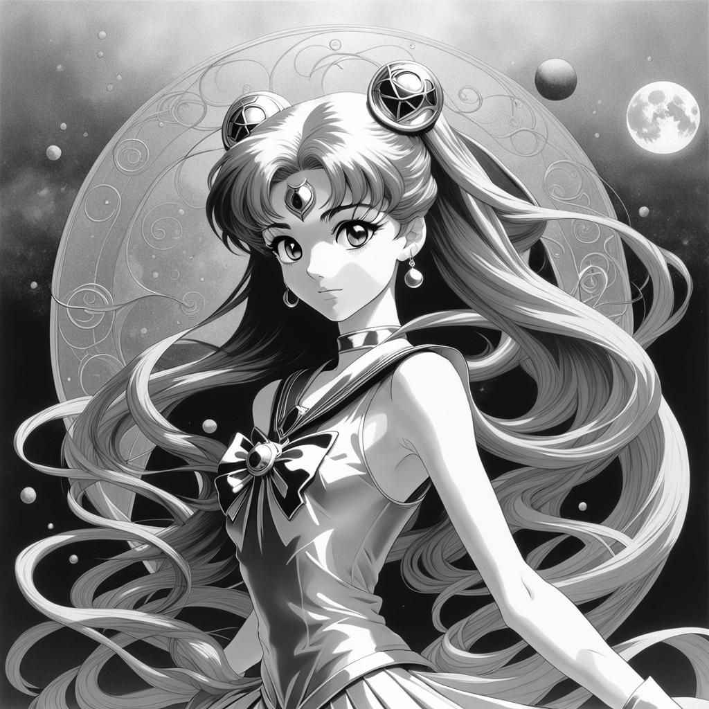 Sailor Moon, black and white artwork, Naoko Takeuchi, Michae...