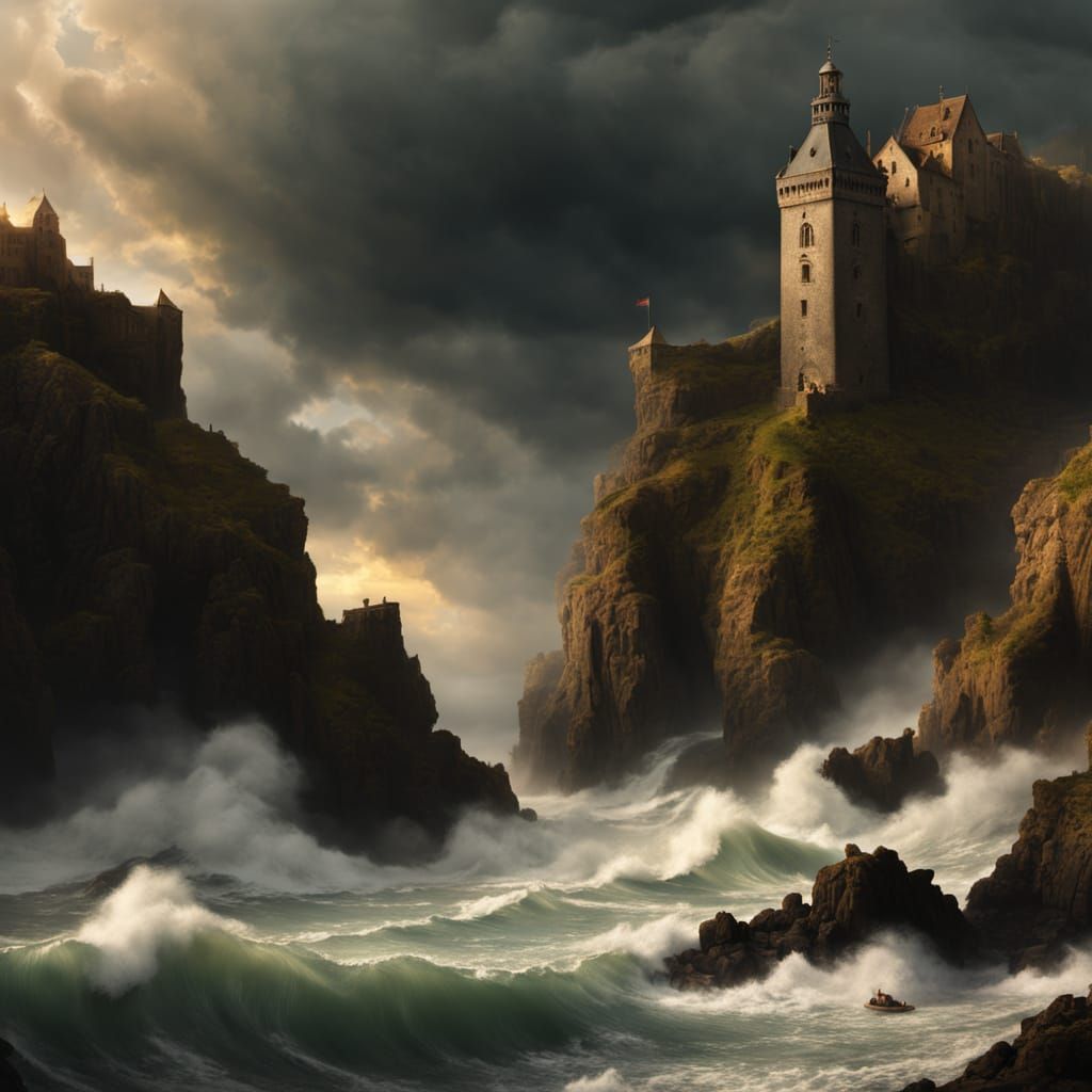 A fantastic Tolkienish five cornered island in the middle of the ocean with a tall tower on a cliff. Waters is beating against it. Crushing ...
