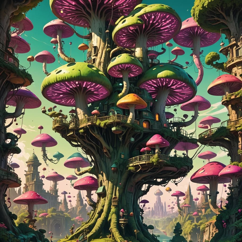 Surreal creations featuring whimsical structures shaped like...