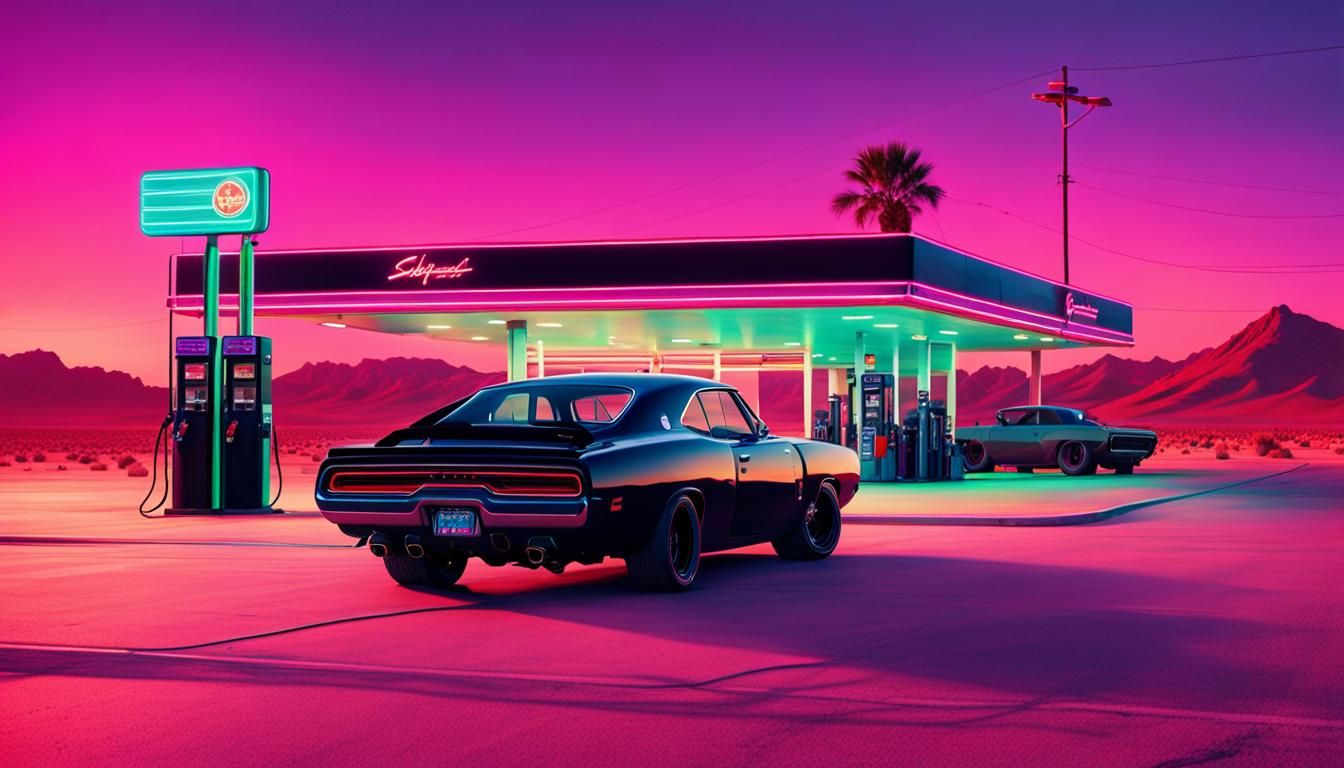 A Lowered Black Hellcat Charger in front of a deserted gas station  in the desert synthwave neon retro vibrant
