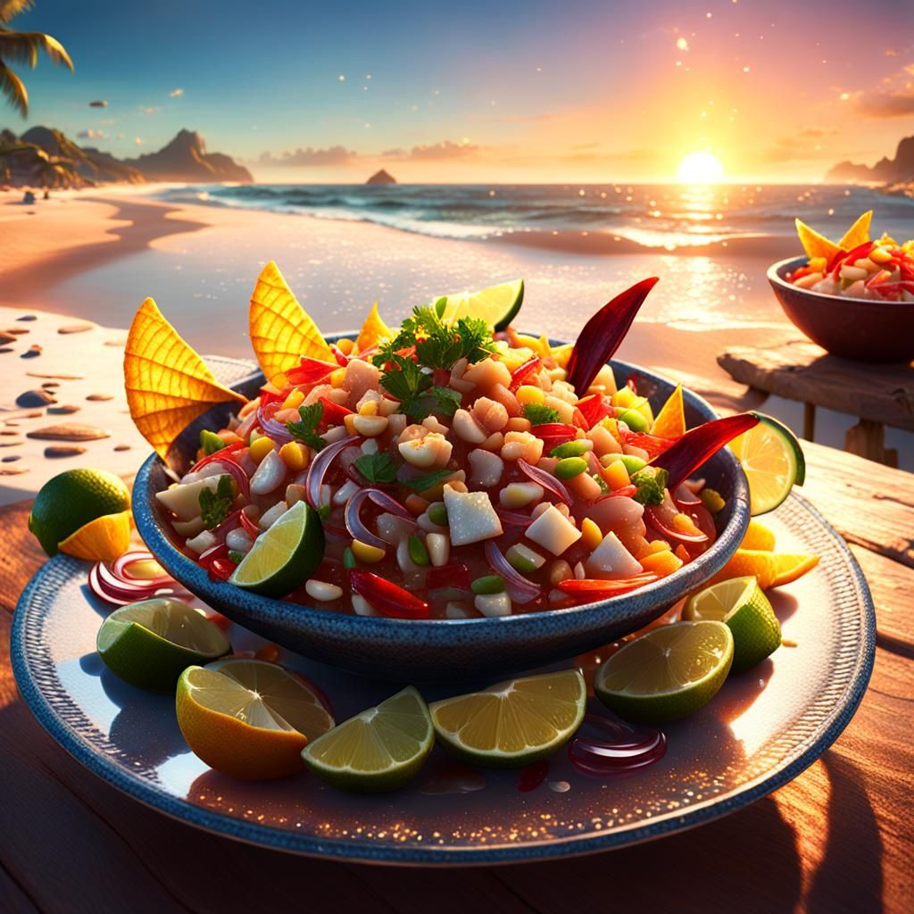 Sunset Ceviche: Beachside scene with a crystal clear plate of ceviche bathed in warm sunset light  by @nishinishand