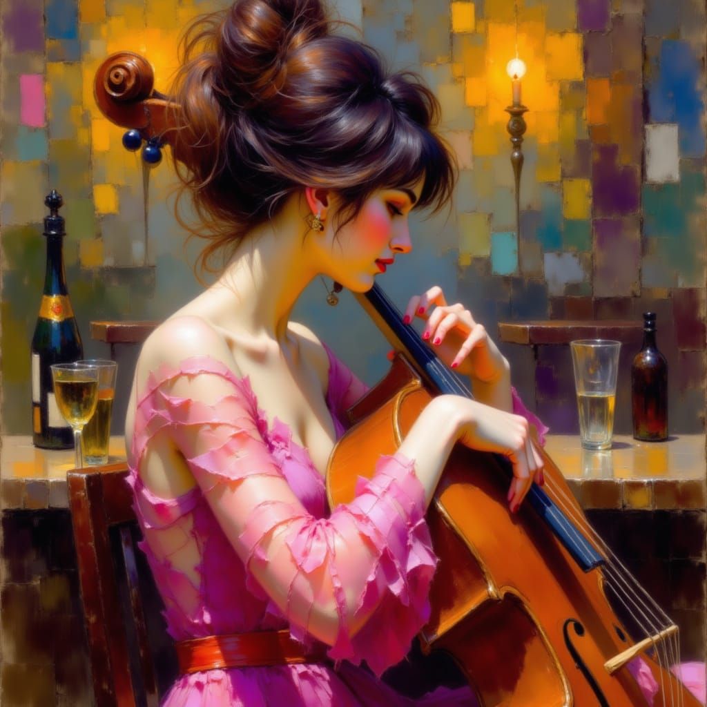 <lora:Impressionist Style:1.0> Woman with messy brown hair tied in a bun, wearing a flowing pink dress, playing cello in a dimly lit bar, su...
