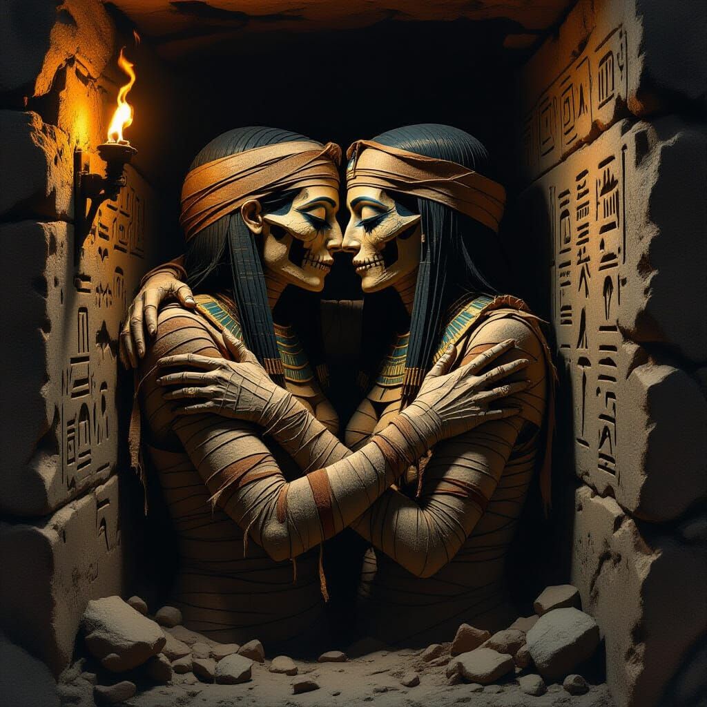 Two mummified figures in a tomb are hugging each other . Their bandages are old and rusty and flying but their love are deep
