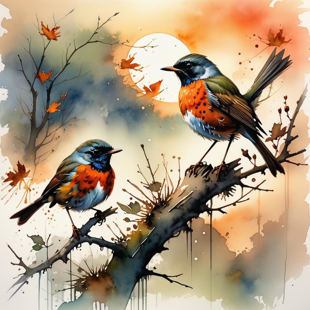 Two robins in the setting sun