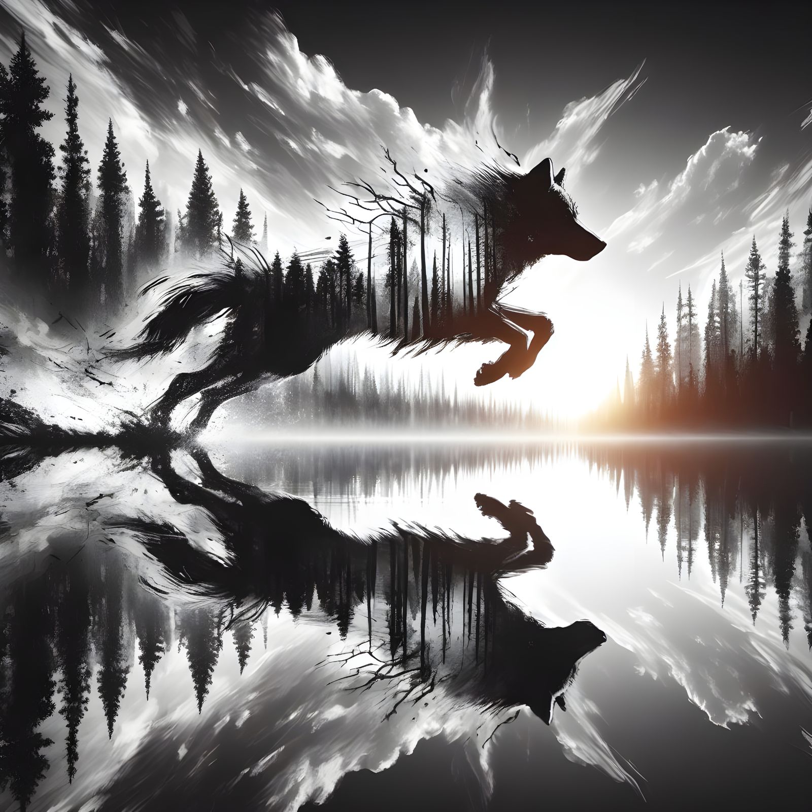 Grayscale Wolf Reflection and Sunset