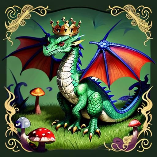 a tiny dragon, adorned with a crown, perched atop a large, v...