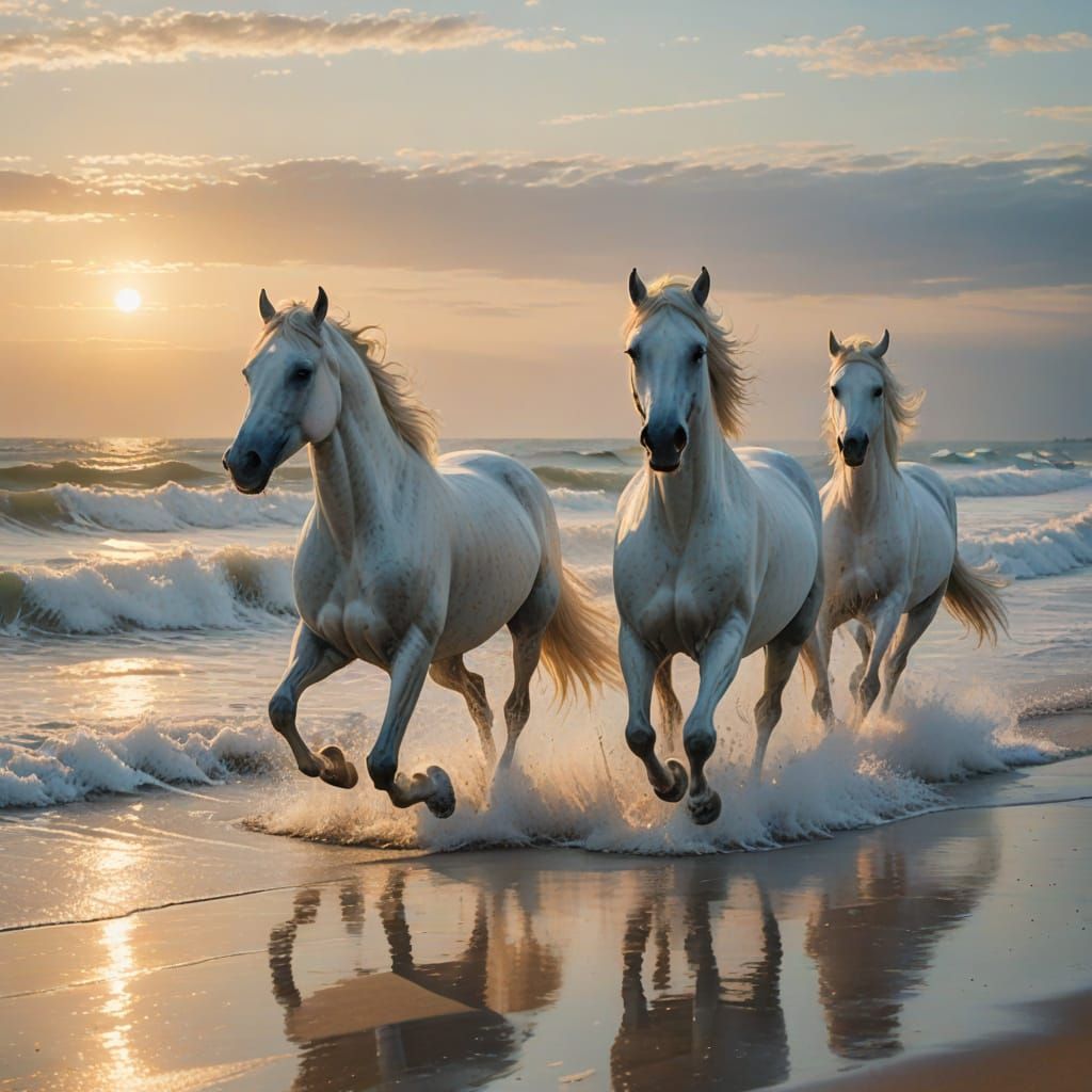 L'eau forme De majestueux chevaux blancs au galop sur une plage!   by @Katkaty 