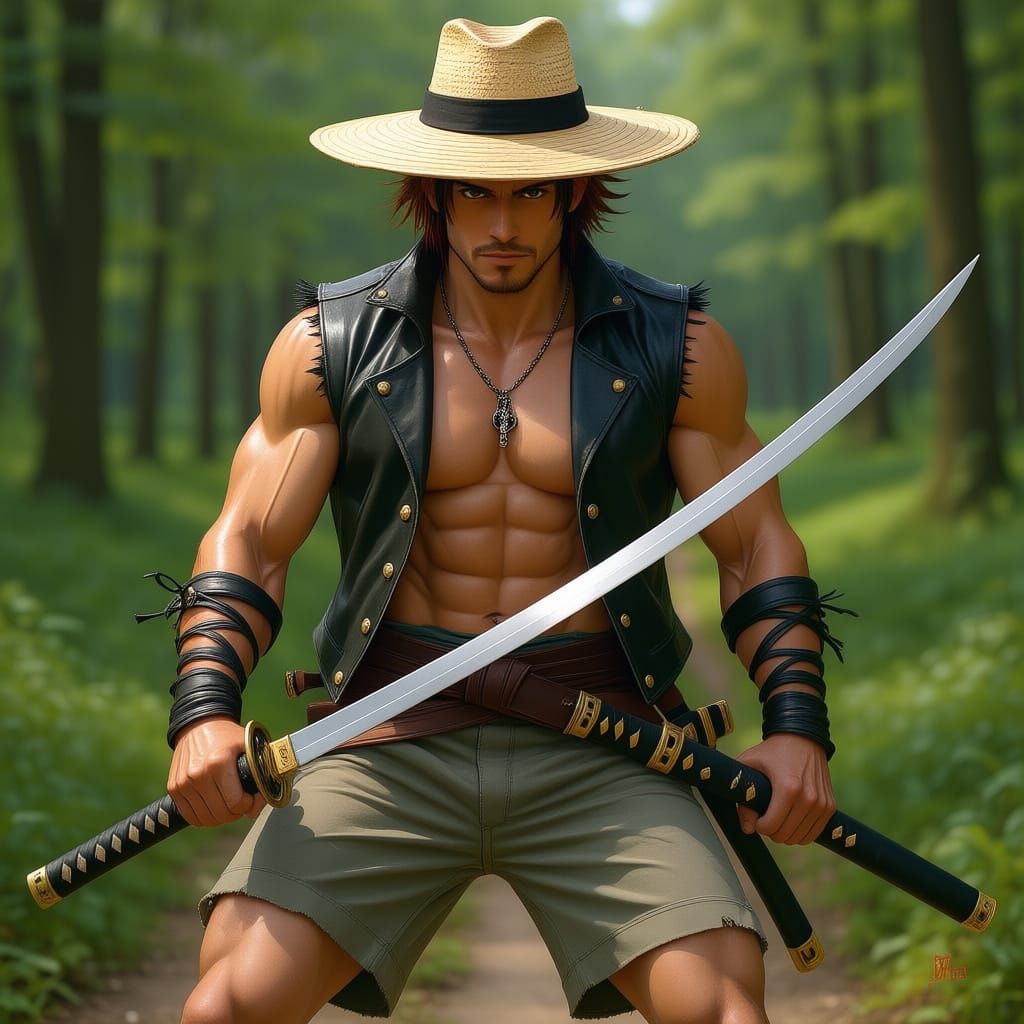 Man with brown hair wearing shorts, an open leather vest and a straw hat. He uses two katanas. One sword is white and the other is black.