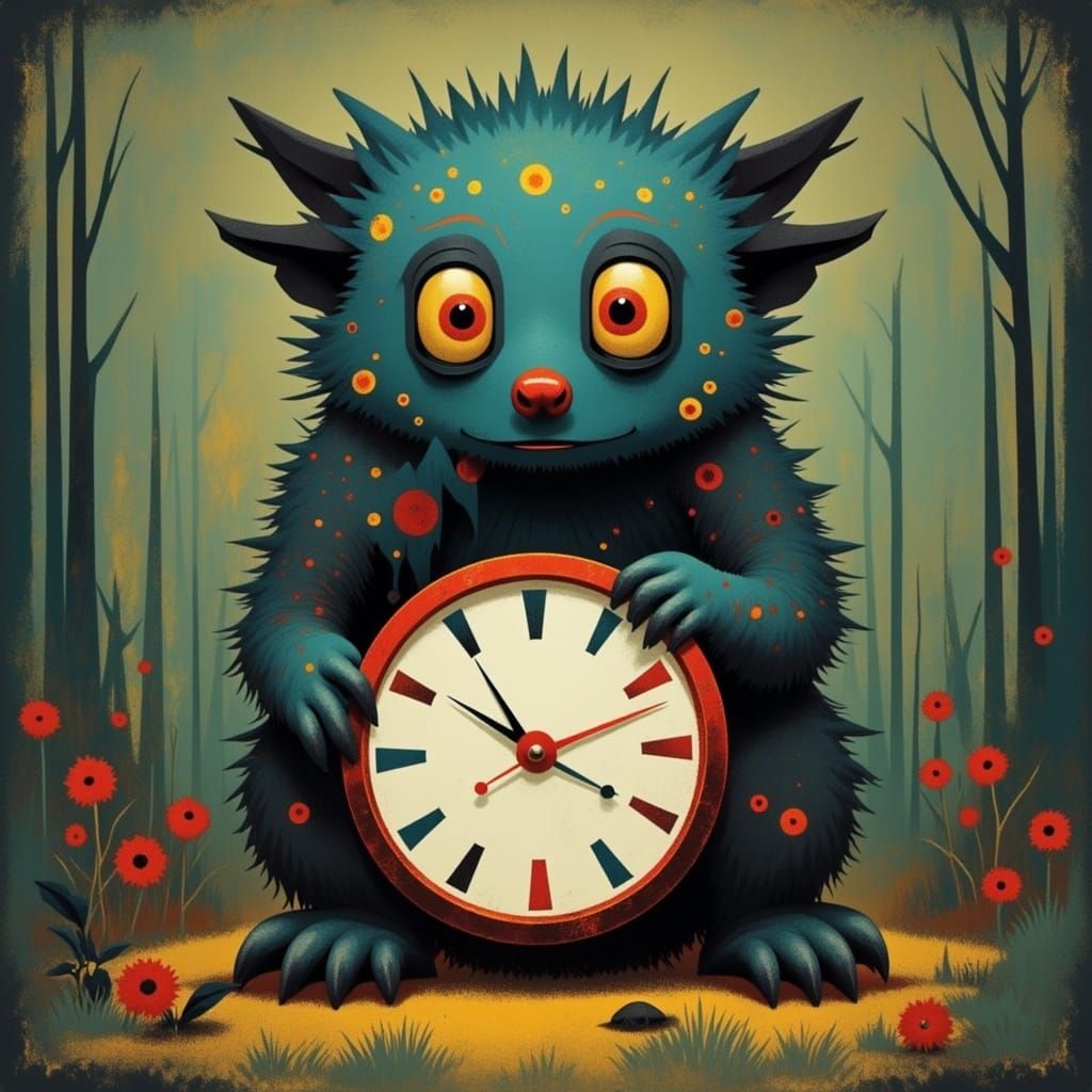 <lora:WARLOCK POP:1.0> Cute creature holding a clock