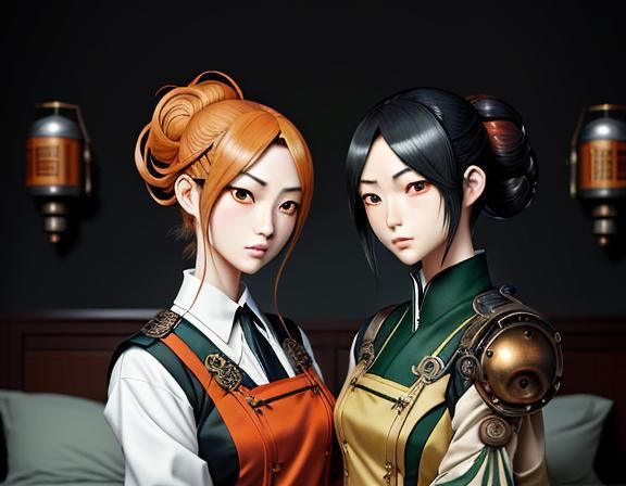 two female kemono identical twin sisters, wearing uniforms, ...