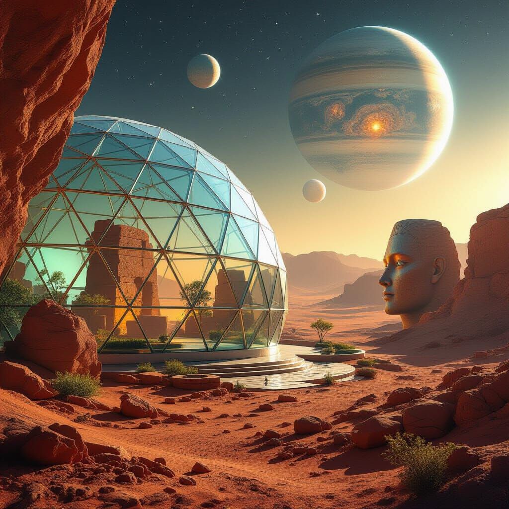

Гиперреалистичная футуристическая сцена на Марсе: массивный прозрачный купол из треугольных стеклянных панелей, некоторые из которых окраш...