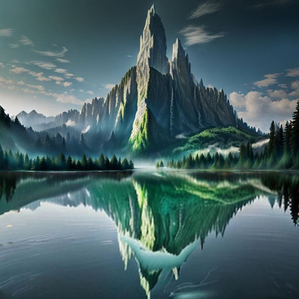 reflection in water of a tall piercing lush green beautiful mountain ...