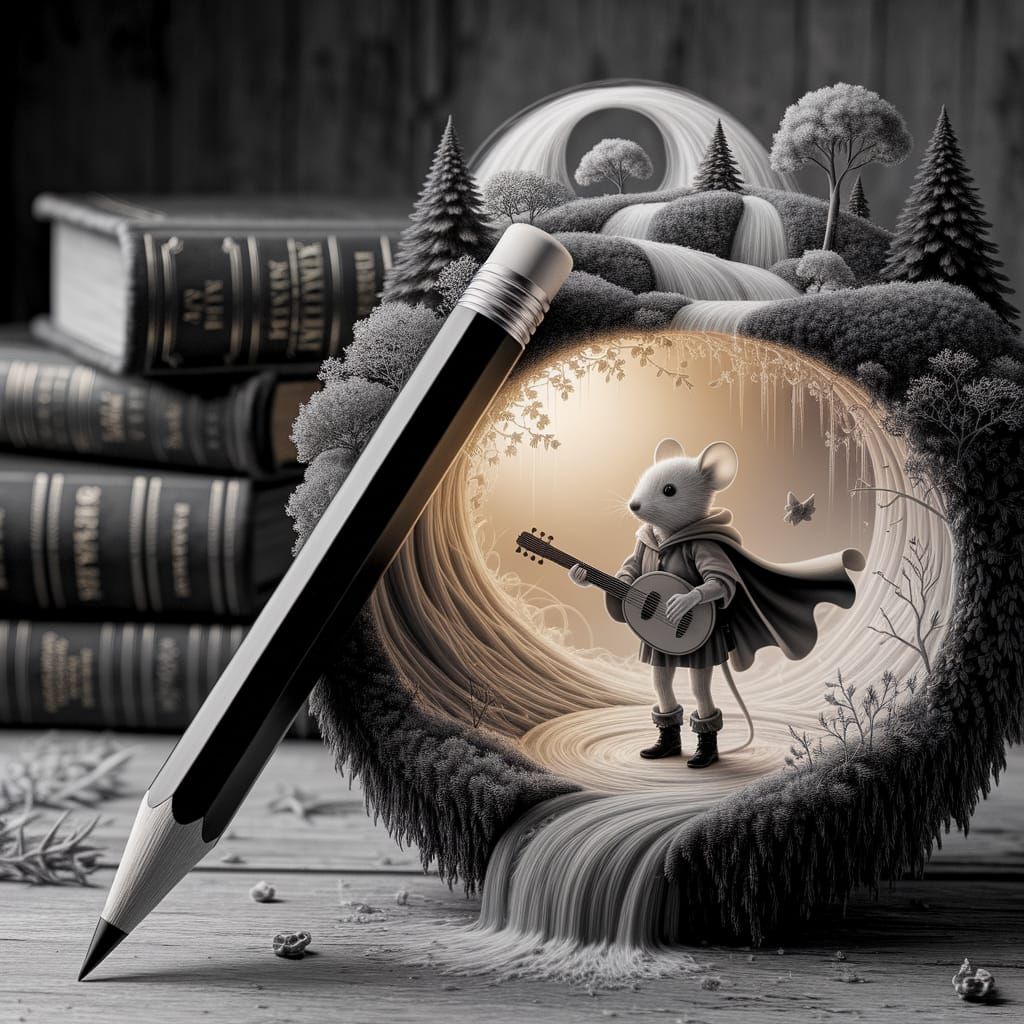 A black-and-white graphite artwork showing a realistic pencil lying on a table, and from its sharpened tip a landscape literally grows — del...