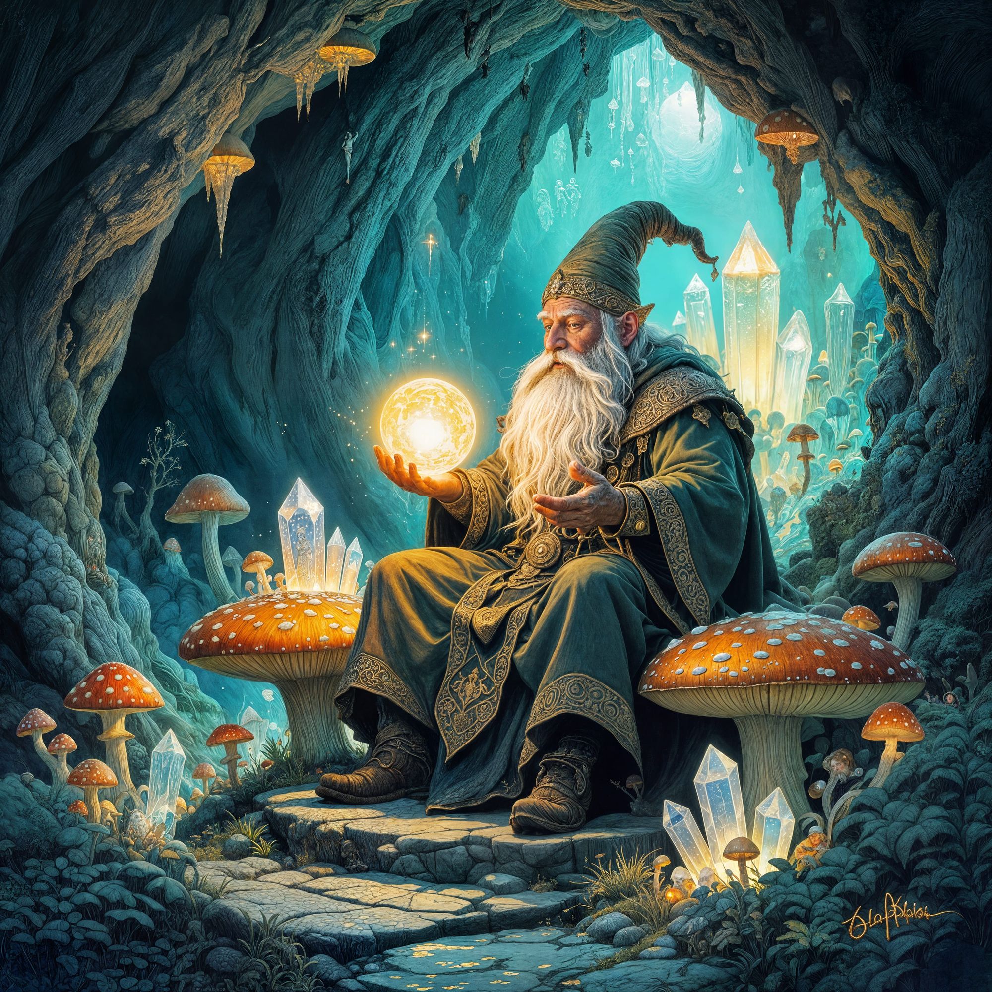 A wise old dwarf, seated upon a mushroom throne deep within a bioluminescent cavern, his face etched with the stories of ages, contemplates ...