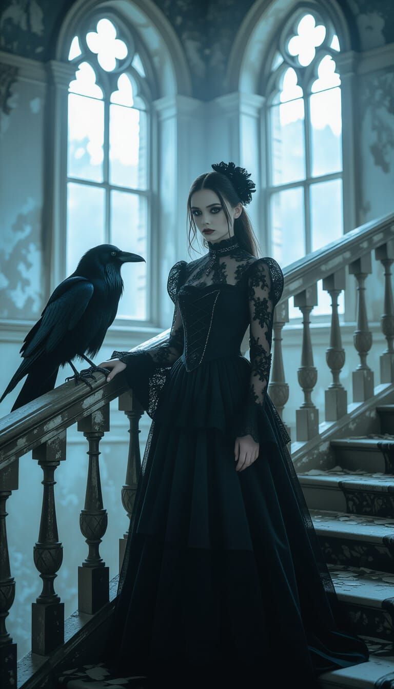 A gothic teenager girl with pale skin and dark, intricate lace attire stands in a decaying Victorian ...  by @Dax