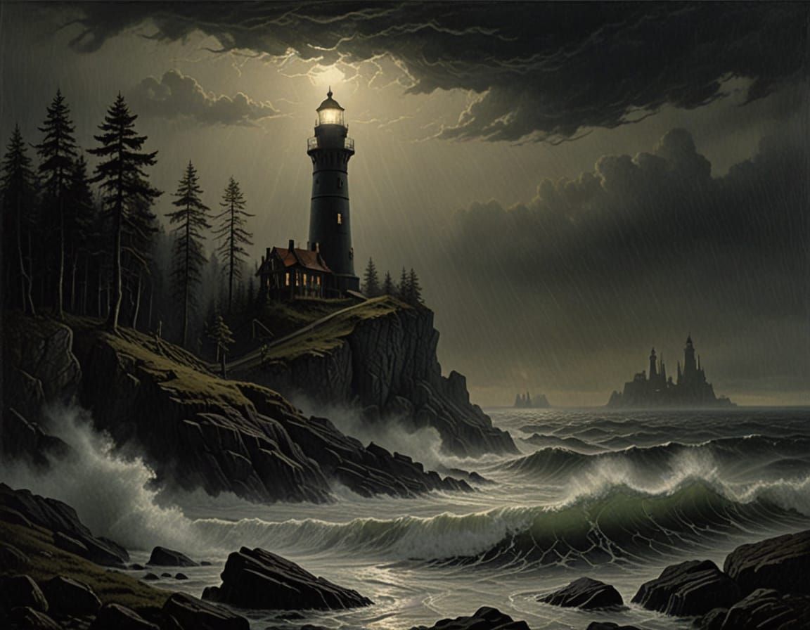 A lone lighthouse stands atop a jagged, rocky cliff, battered by relentless waves and shrouded in a thick, ...  by @Ankh