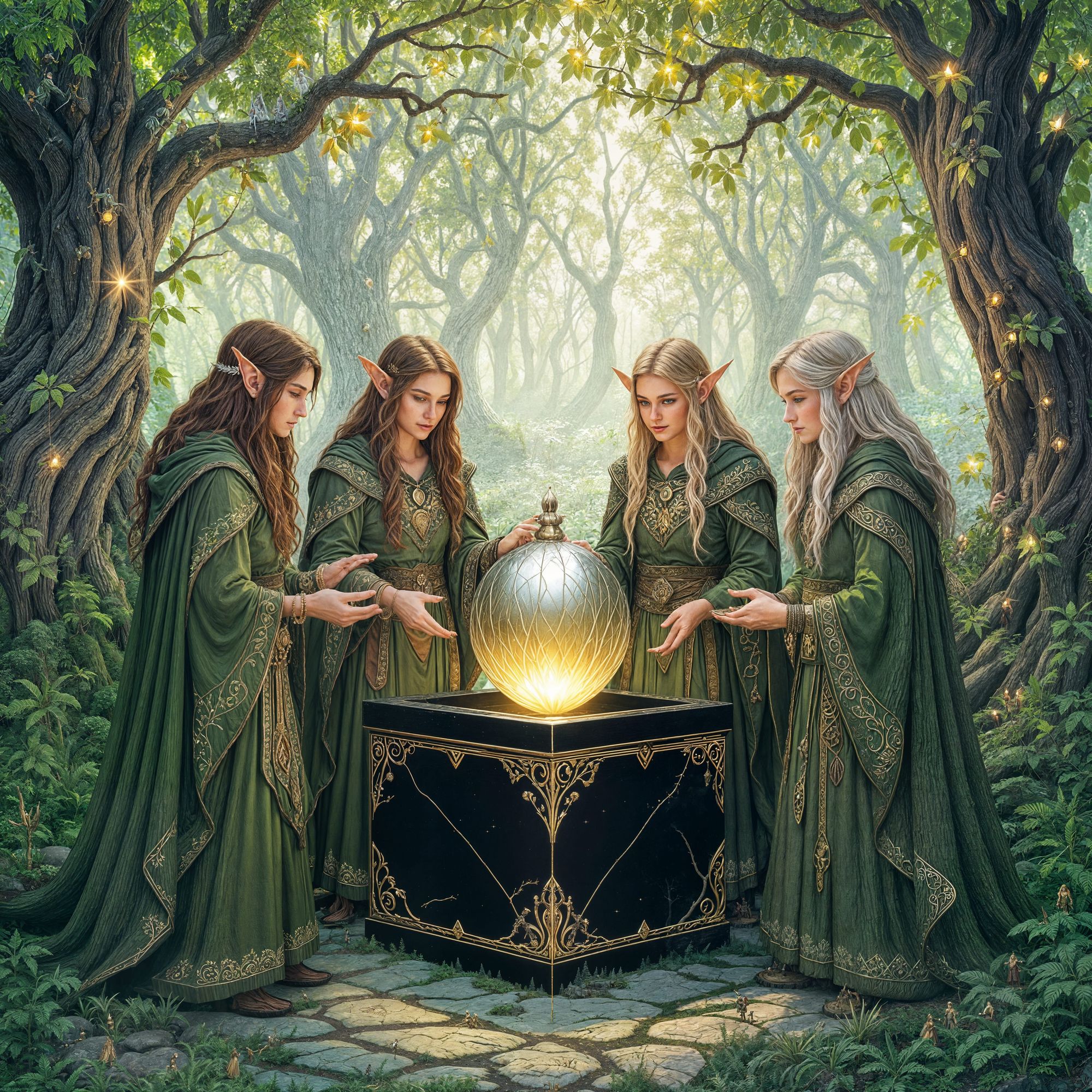 Four wood elves in a magical forest. The wood elves have a black stone box, with gold trim.. Within the box is a magical shining silver, ver...