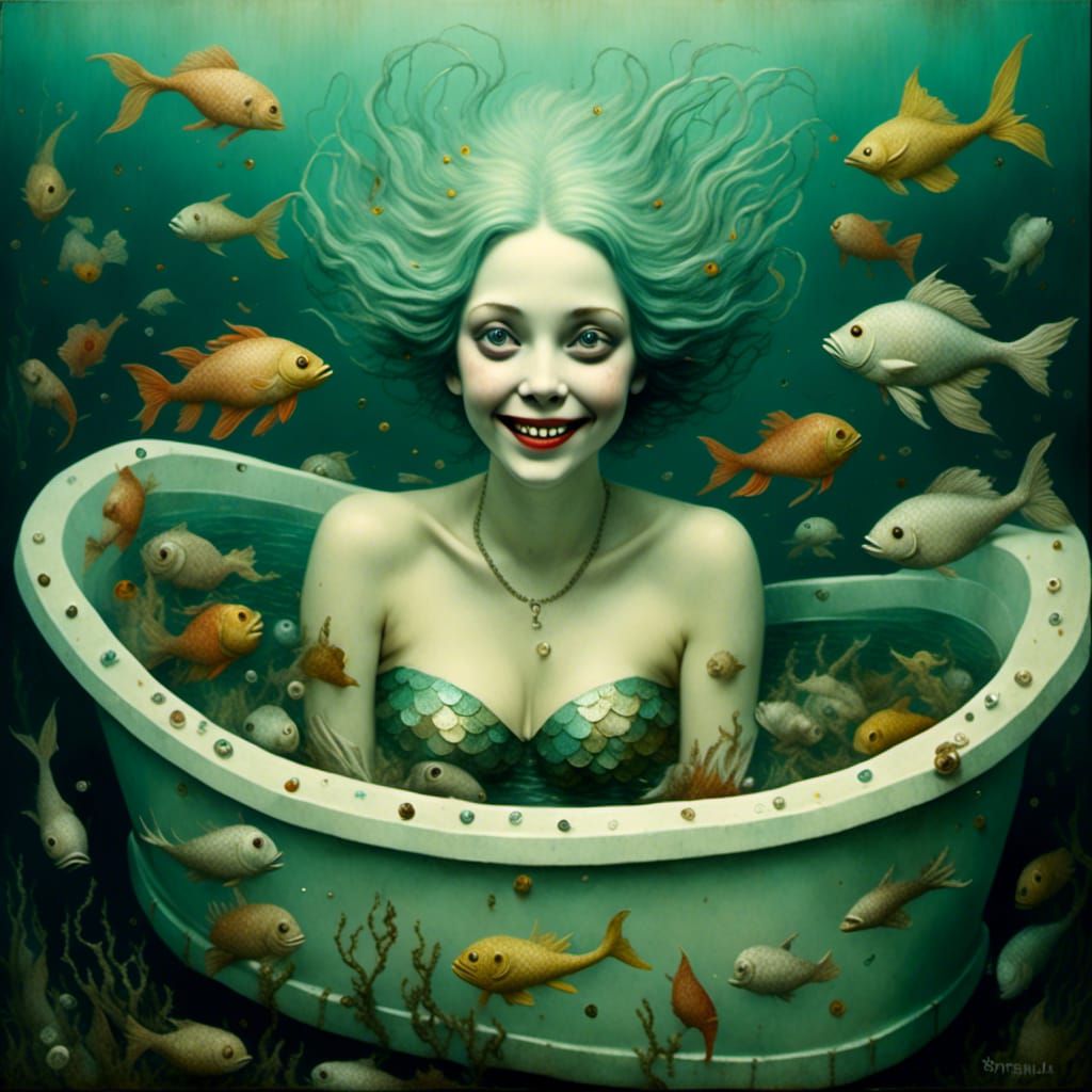 <lora:Mermaid:1.0> a high quality professional photograph of a very old smiling mermaid swimming in a bathtub filled with fish, tropics, hig...