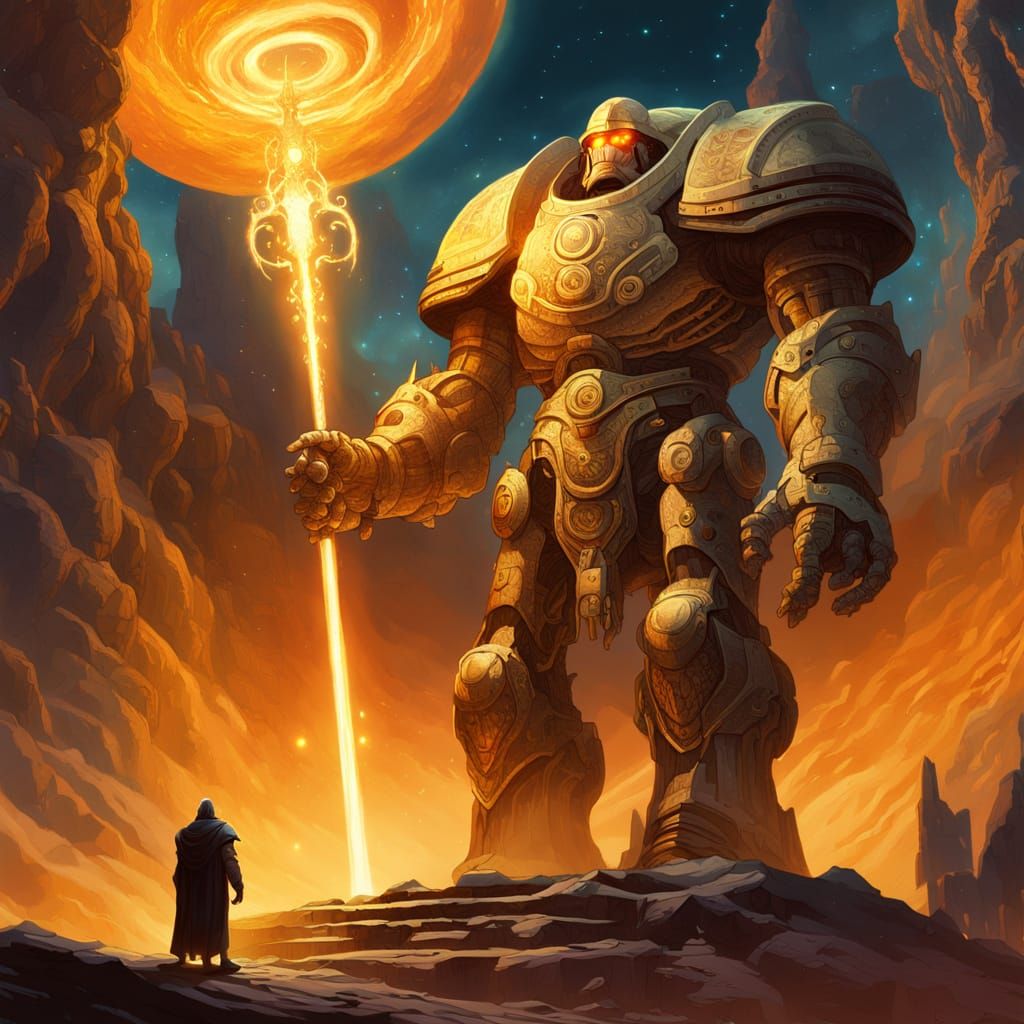 A colossal, ancient golem crafted from obsidian and starlight, standing guard over a forgotten cosmic forge. Ethereal nebulae swirl around i...