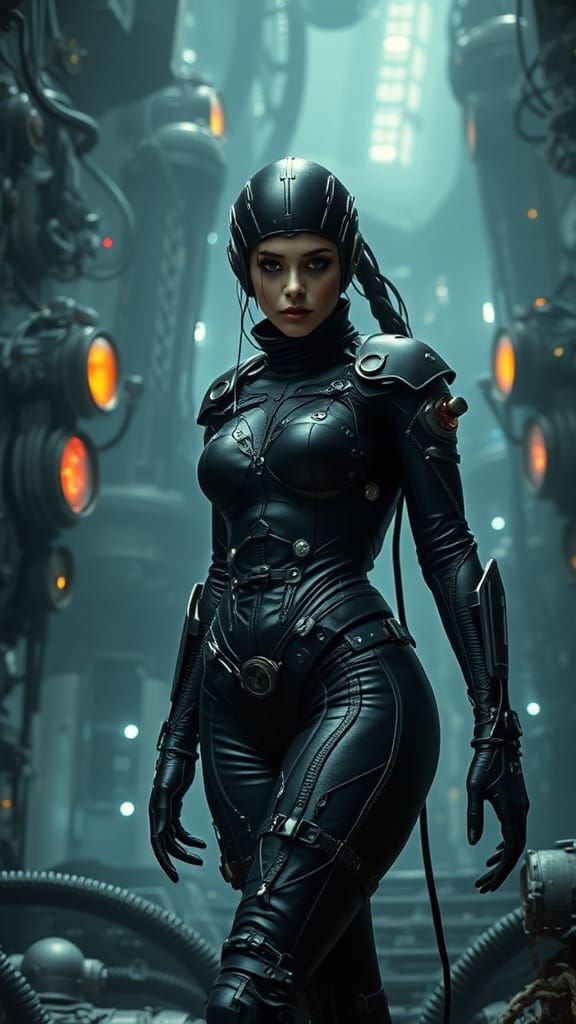 Hans Rudi Giger style biomechanical image of a woman in an alien environment 